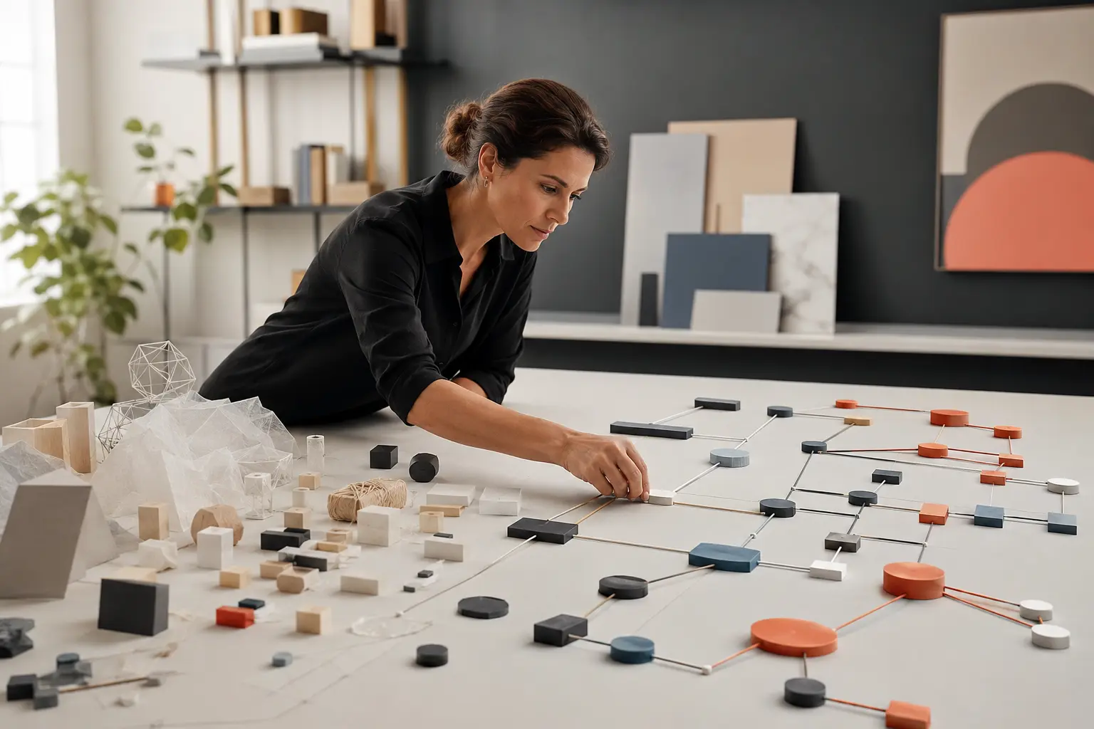 Personne organisant des blocs de tâches et leurs dépendances sur une table de planification