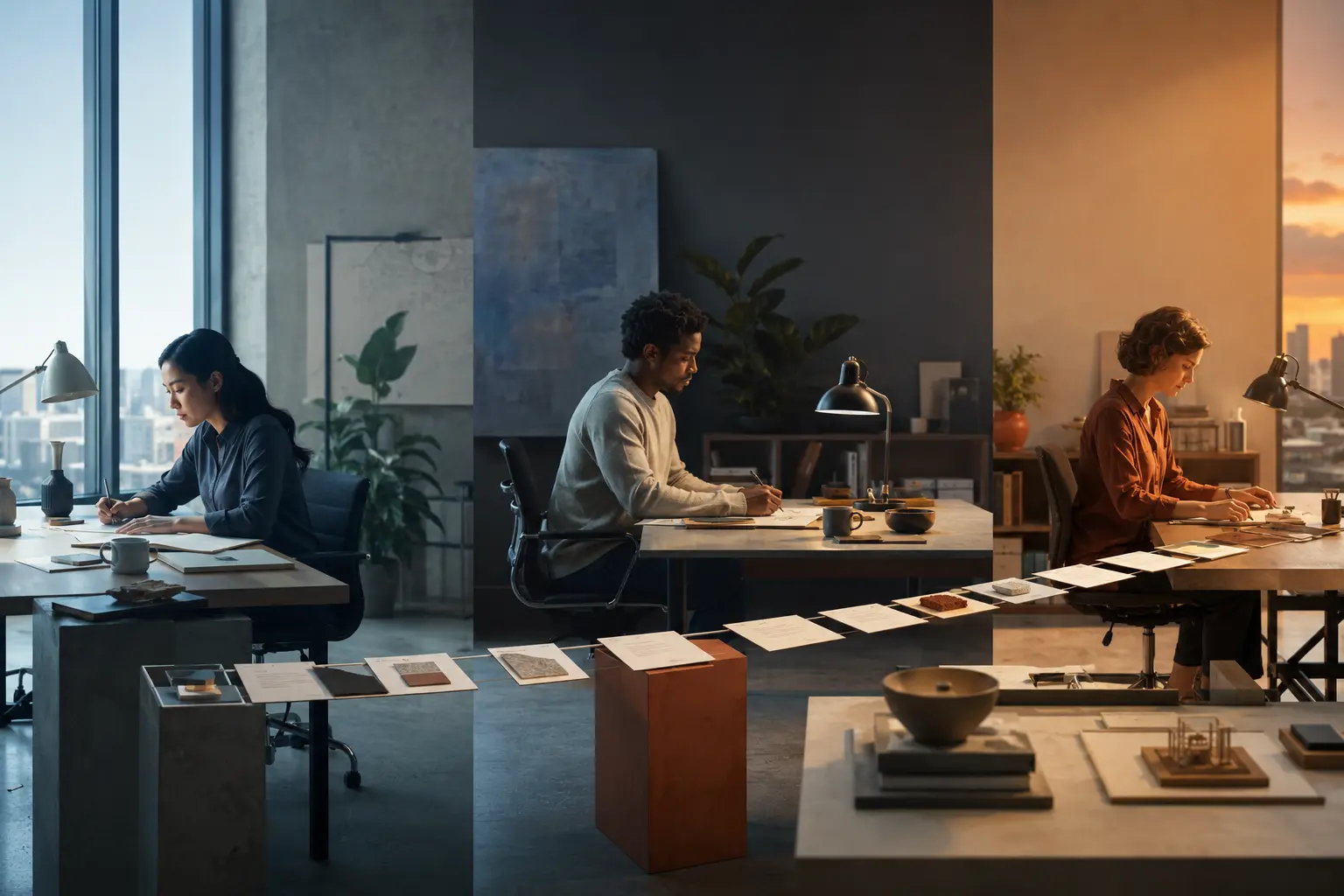 Trois personnes travaillant séparément à leur bureau à différents moments de la journée